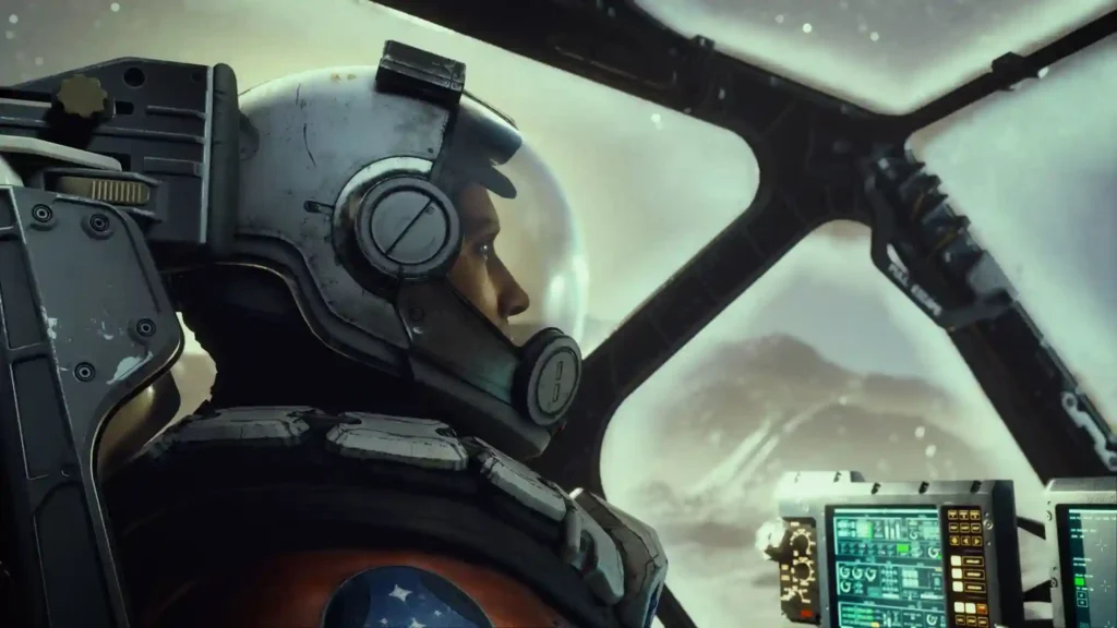 Starfield character sitting inside spaceship