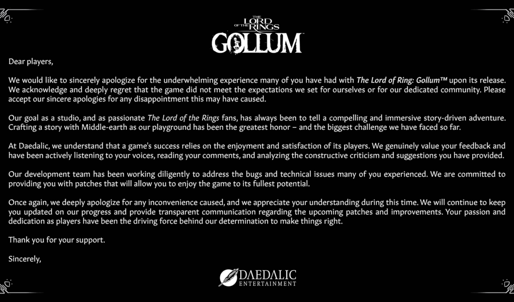 Gollum Developers Official Apology
