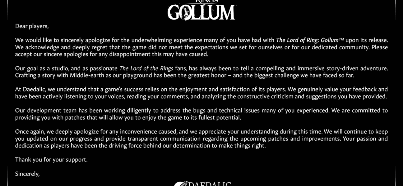 Gollum Developers Official Apology